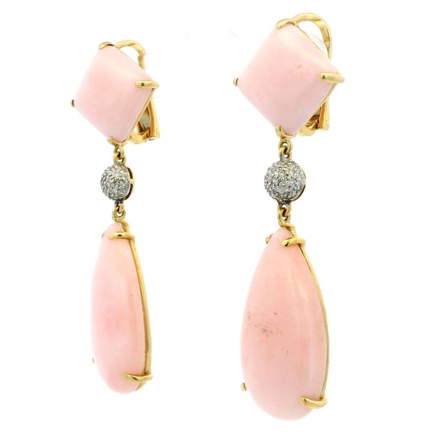 Vintage 1980s 18k Gold Pink Coral and Diamond Drop Earrings, Pair For Sale - Image 4 of 11