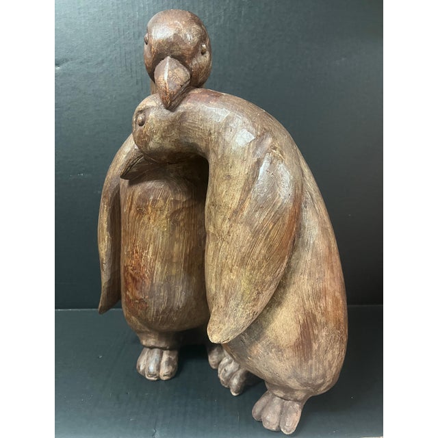 Vintage Large Hand Carved Wooden Penguin Couple Sculptural Statue For Sale - Image 4 of 10