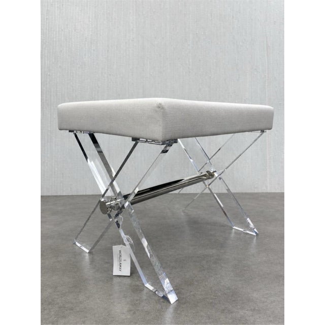 Worlds Away Worlds Away Dixon Acrylic Lucite X Base Stool Nickel Stretcher White Linen For Sale - Image 4 of 7
