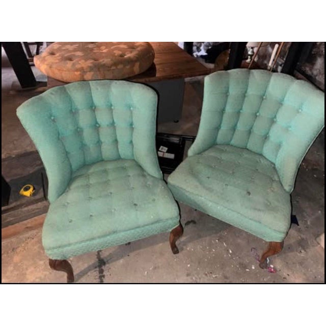 Two Vintage Mid-Century Hollywood Regency Style Slipper Chairs Beautiful sea foam green color and tuft detailing. Will...