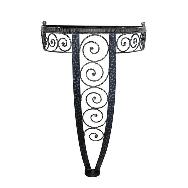 Art Deco Art Deco Demilune Wrought Iron Spiral Motif & Porto Marble Inset Console Table For Sale - Image 3 of 13