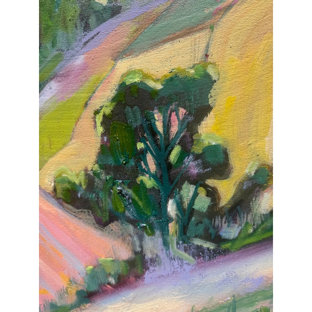 This expressive landscape painting, titled "Mountain Farm," captures the serene beauty of rolling hills and agricultural...