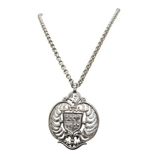 Vintage 1960s Signed Monet Rhodium Plated Coat of Arms Pendant Necklace For Sale