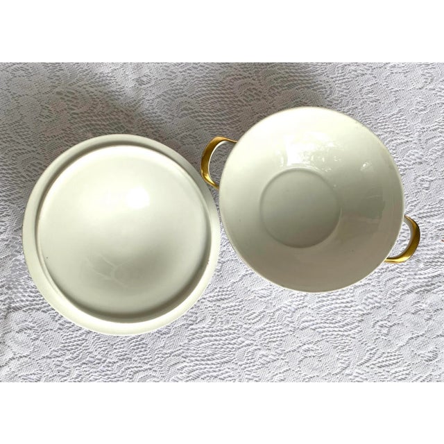 Limoges, France 1929 Vintage Union Céramique Limoges 7 Pieces Serving Set with Roses, Blue Band, Yellow Laurel, Gold Rim For Sale - Image 4 of 11