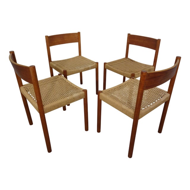 Teak & Papercord Dining Chairs by Poul M. Volther for Frem Røjle, Denmark, 1960s, Set of 4 For Sale