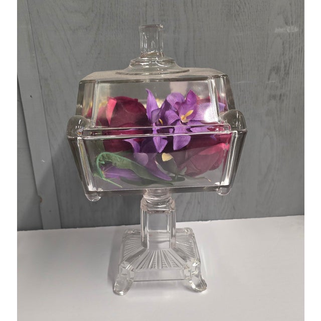 Vintage Square Glass Footed Compote With Lid / 1880 Adams & Co. For Sale - Image 11 of 11