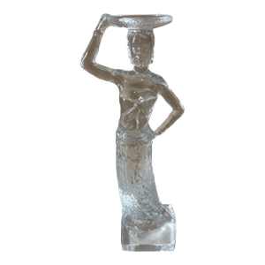 1980s Clear Glass Figurine of Woman Posing With Hat