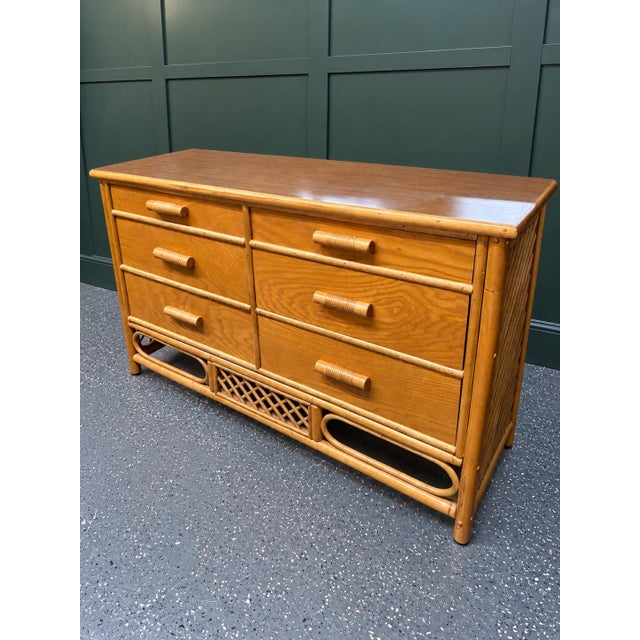 Mid-Century Modern Vintage Bamboo and Rattan Six Drawer Dresser With Lattice Detail For Sale - Image 3 of 7