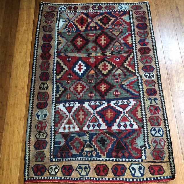 Textile Rare Antique Kilim Rug | Vibrant Geometric Tribal Design | 3'1" X 4'5" For Sale - Image 7 of 7