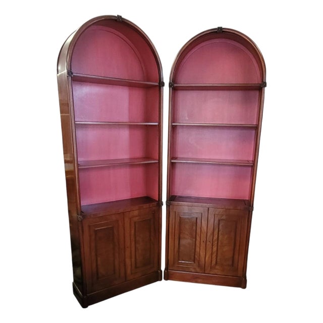 Pair of Fine 1950s Arch Top Tall Bookcases For Sale
