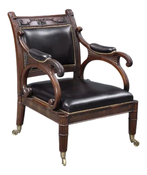 English Regency Carved Mahogany and Leather Library Armchair