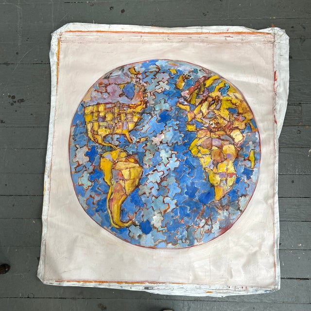 1970’s original surrealist earth puzzle painting on unstretched canvas. Painting measures 29x33 (not including canvas...