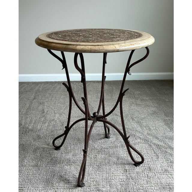 Late 20th Century Mediterranean Style Decorative Inlaid Accent Table With Wrought Iron Base For Sale - Image 4 of 6