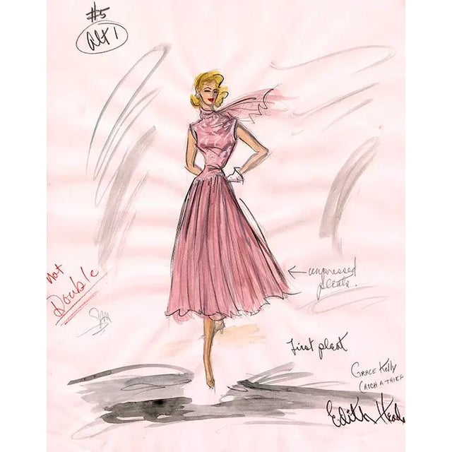 Rare reproduction of original costume sketch by Edith Head of actress Grace Kelly for the Alfred Hitchcock film "How To...
