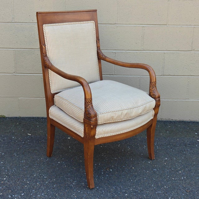Pair of Vintage French Empire Style Dolphin Carved Walnut Armchairs With Down Cushions For Sale In New York - Image 6 of 18