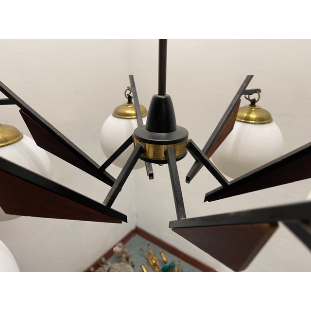 Brass wooden veneer chandelier White glass shades Height without rod 25 cm Height with rod 90 cm Width 68 cm Depth 68 cm...