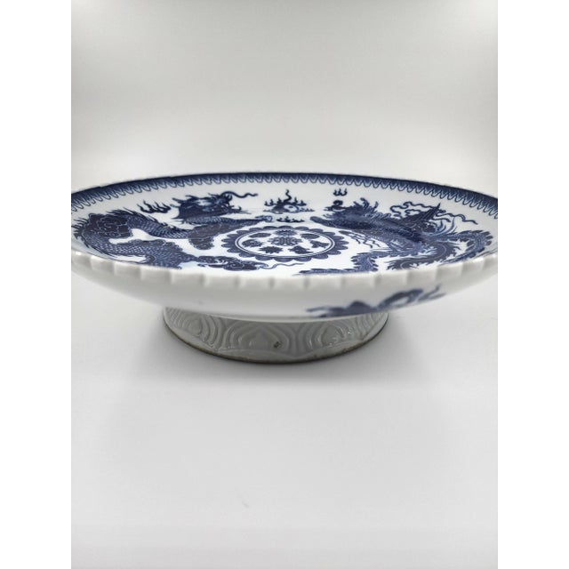 Late 20th Century Hand-Painted Bat Trang Blue & White Porcelain Pedestal Serving Dish With Dragon Motif For Sale - Image 4 of 13