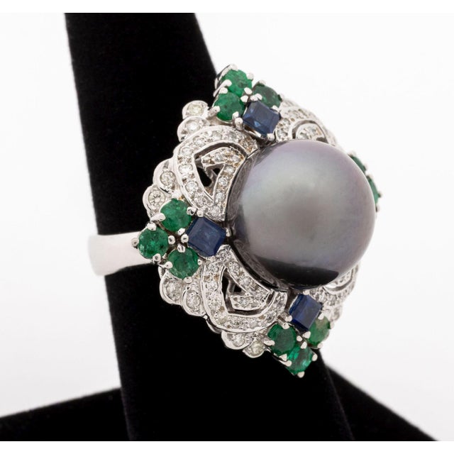 18K White Gold Tahitian Pearl Sapphire Emerald Diamond Ring, featuring one cultured Tahitian pearl approx. 14.0 - 14.5 mm,...