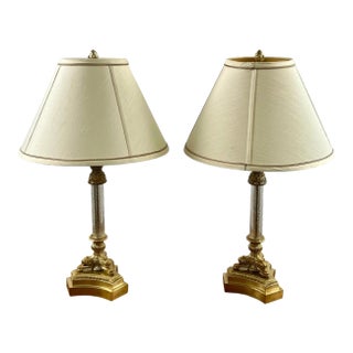 Vintage Empire Style Brass Fluted Crystal Column Table Lamp 1970's , a Pair For Sale