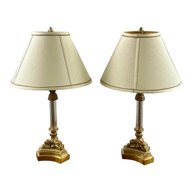 Vintage Empire Style Brass Fluted Crystal Column Table Lamp 1970's , a Pair For Sale