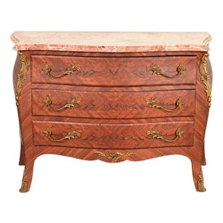 Paul Sormani Style Antique French Provincial Louis XV Kingwood Inlaid Marquetry Marble Top Commode With Mounted Ormolu | Circa 1920s For Sale