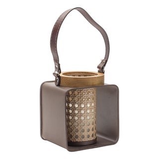 Metal Candle Holder with Wood and Leather Accents For Sale