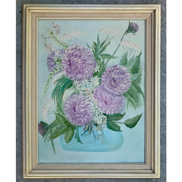 Shabby Chic 1960’s Purple Mum Floral Arrangement Still Life Painting- Framed For Sale - Image 3 of 9