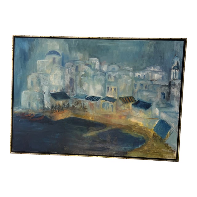 20th Century American School Oil on Canvas Signed Framed by Conni Pim Seaside Village For Sale