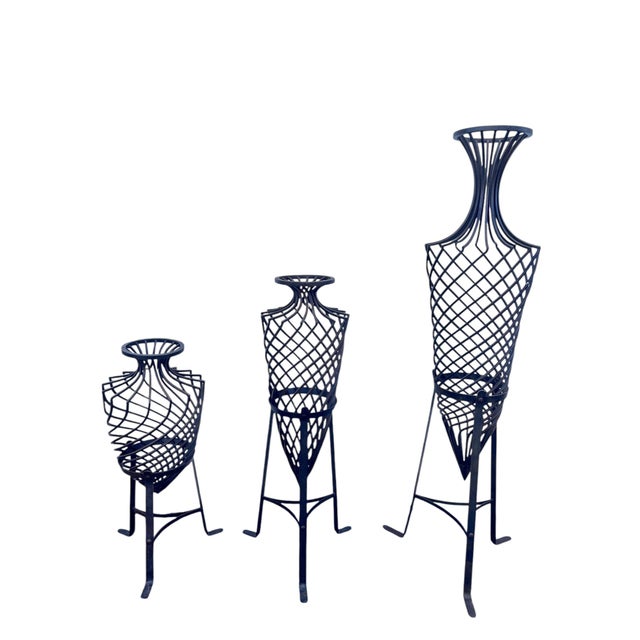 3 - Gorgeous hand, forged wrought iron Torpedo Urns / sculptural vases on metal stands. Beautifully sculpted, ready for...