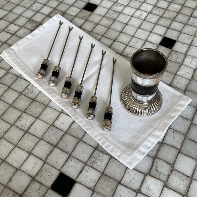 French Art Deco Cocktail Pick Set, Bird In Wood And Bakelite Cage W Chrome Bars