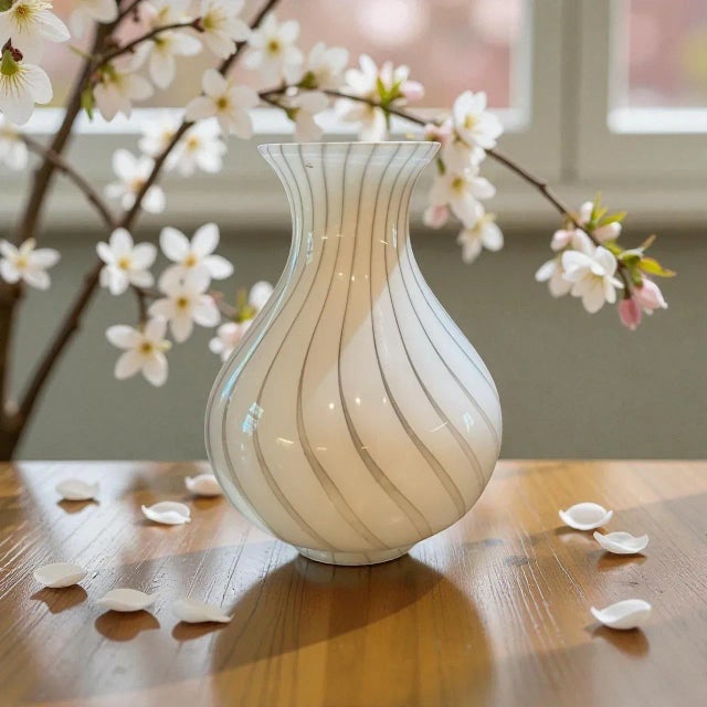 Elegant hand-blown Murano glass vase featuring ivory opaline glass with soft taupe spiral filigrana striping. The graceful...