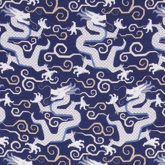 Sample - Schumacher Bixi Dragon Fabric in Blue For Sale