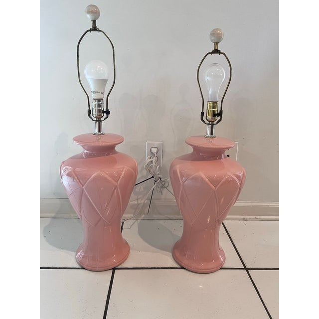 Gemstone Pair of Vintage Blush Pink Ceramic Diamond Pattern Table Lamps With Three Settings/No Shades For Sale - Image 7 of 11
