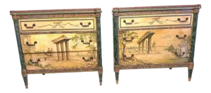 Antique Neoclassical Italian School Green Faux Painted Rouge Marble Chests - A Pair