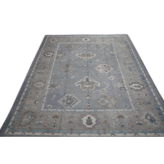 Early 21st Century Blue & Taupe Floral Design Handwoven Wool Turkish Oushak Rug 12'3" X 15' For Sale In Houston - Image 6 of 8