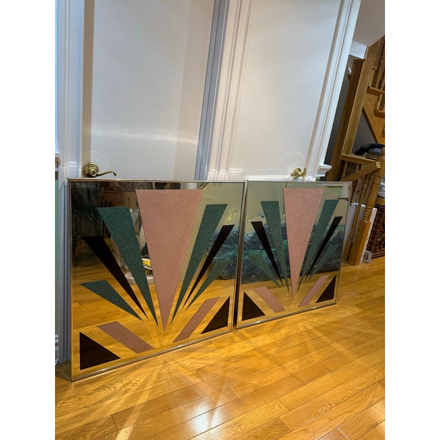 Mid-Century Modern 1980 Art Deco Pink Green Mirror Art - a Pair For Sale - Image 3 of 7