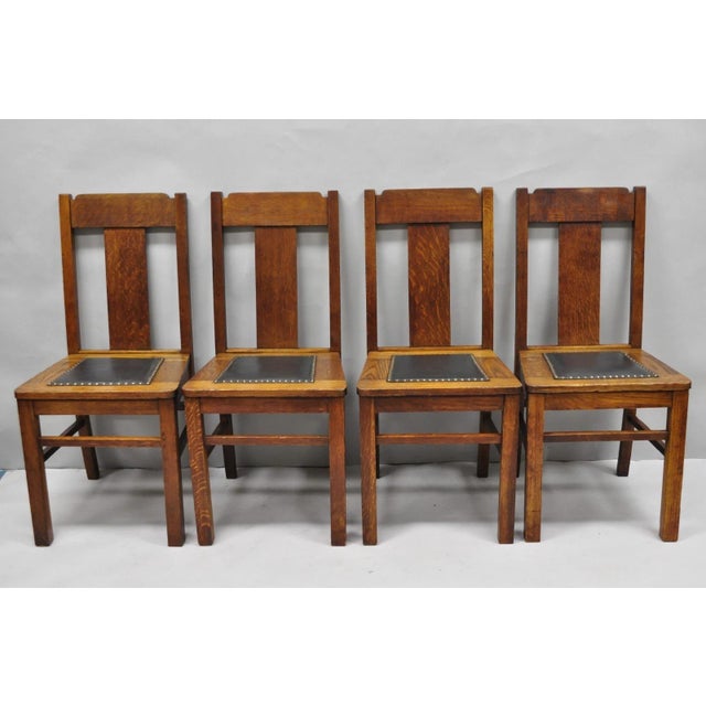 Antique Mission Oak Arts & Crafts T-Back Limbert Style Dining Chairs - Set of 4 For Sale - Image 18 of 18
