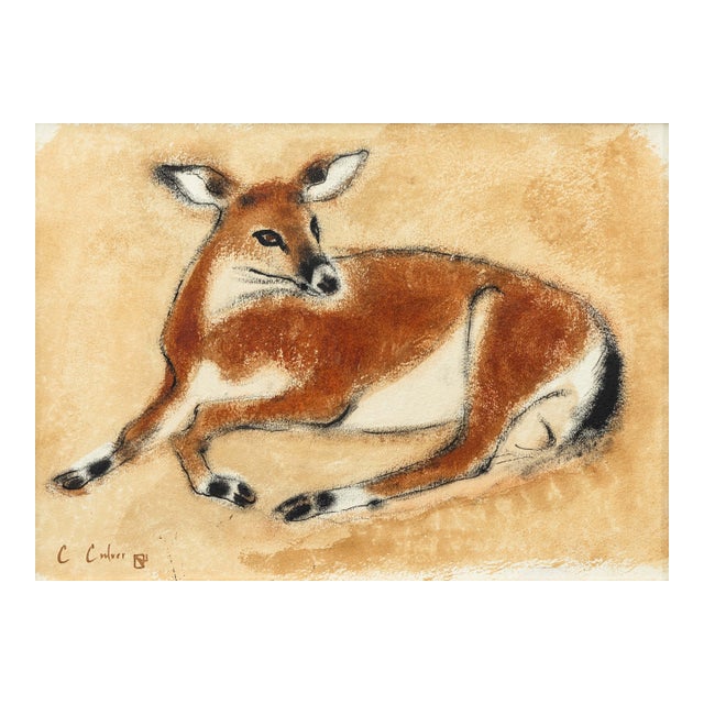 Charles Culver Signed Resting Deer Modern Pastel Watercolor Painting 1950s For Sale