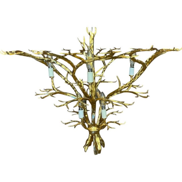 2010s Coco Chanel & Maison Jansen Inspired Gilt Metal Faux Bois Twig Chandelier 8 Arm For Sale - Image 5 of 6