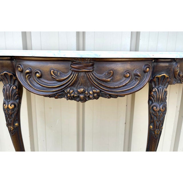 Italian French Louis XV Style Carved Mahogany & Marble Top Demilune Console Tables - Pair For Sale In Atlanta - Image 6 of 8