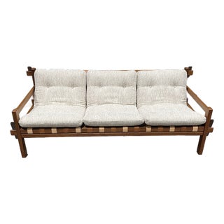 Mid 20th Century Scandinavian Teak Sofa With Leather Straps and Wooden Joinery For Sale