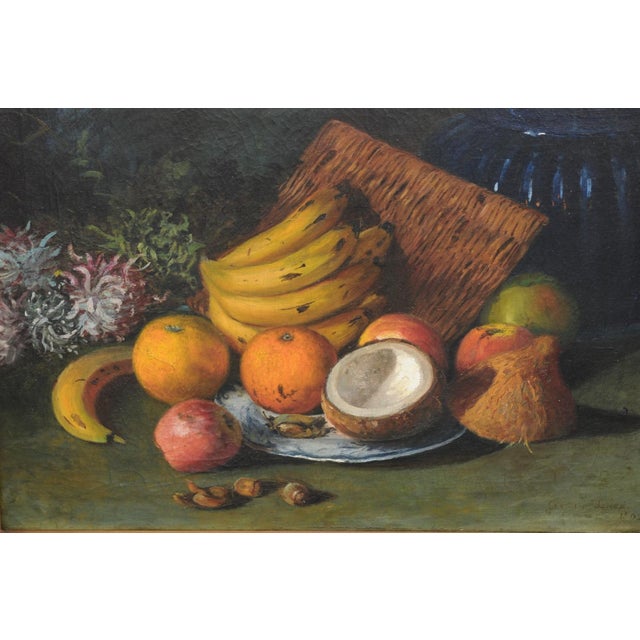 Textile English Signed Elinor Jones 1908 Oil on Canvas Still-Life Painting in Gilt Frame For Sale - Image 7 of 10
