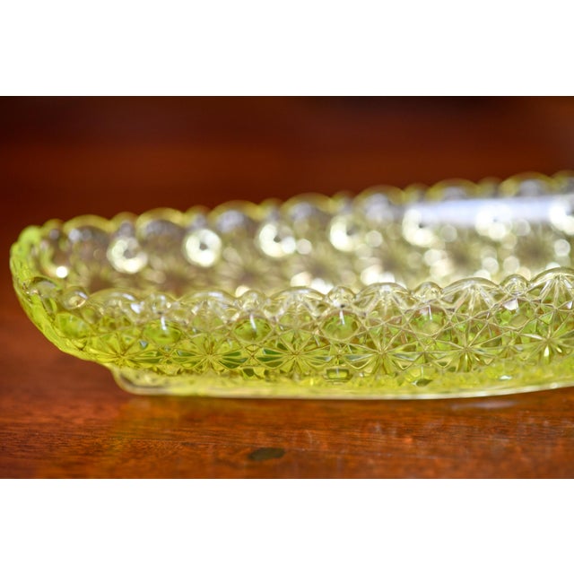 Glass 1884 Early American Pattern Glass Uranium Vaseline Glass Hobbs Brockunier C. Yacht Pickle or Relish Daisy and Button Scalloped Edges For Sale - Image 7 of 9