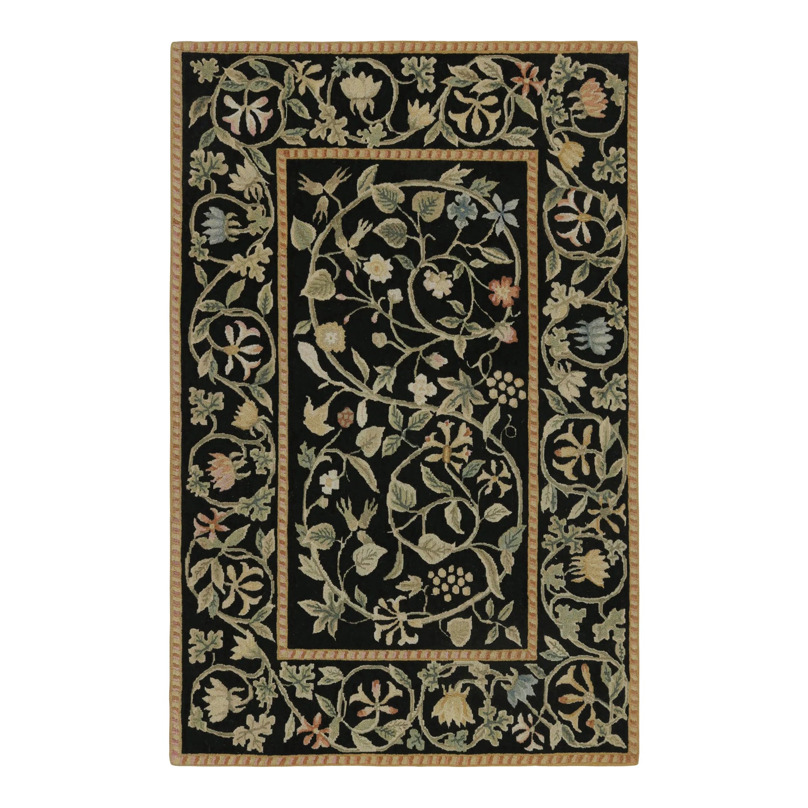 Rug & Kilim’s European Style Rug in Black With Beige and Green Floral