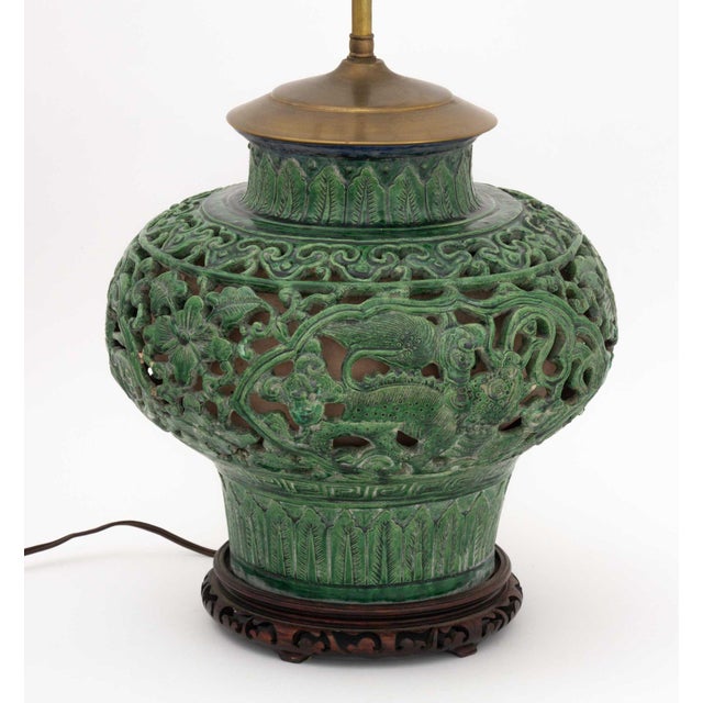Chinese Chinese Spinach Jade Green Glazed Ceramic Pierced Vase Mounted as a Table Lamp For Sale - Image 3 of 9