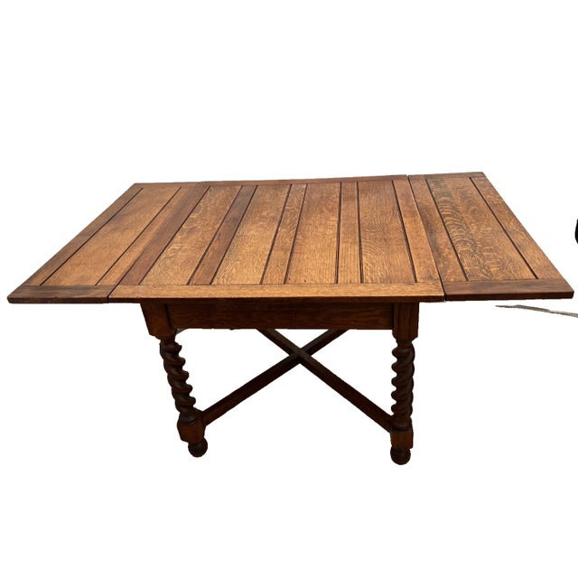 Antique Expanding Pub Kitchen Table Barley Twist Legs Quarter Sawn Tiger Oak For Sale - Image 4 of 14