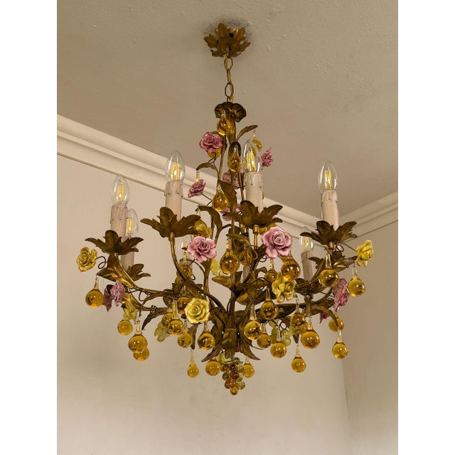 Metal Floral Chandelier in Gilded Iron with Ceramic Flowers and Murano Glass Pendants, Italy, 1960s For Sale - Image 7 of 13