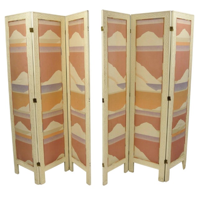 Large Vintage Oriental Carved Fretwork Bone Lacquered Upholstered 6 (3+3) Panel Room Divider Screen - 2 Pc Set. Currently...