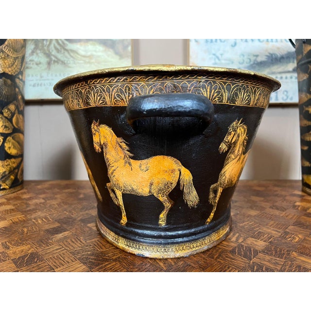 Antique English Planter Jardiniere Horse Equine Black Decoupage Tole Metal C1900 For Sale - Image 14 of 18