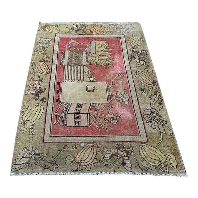 Antique Khotan Rug 4’7” X 6’7” | Stylized Vase & Floral Design For Sale